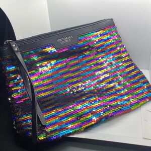 Victoria’s Secret Rainbow Sequin/Black Faux Pebbled Leather Cosmetic Bag/NWOT